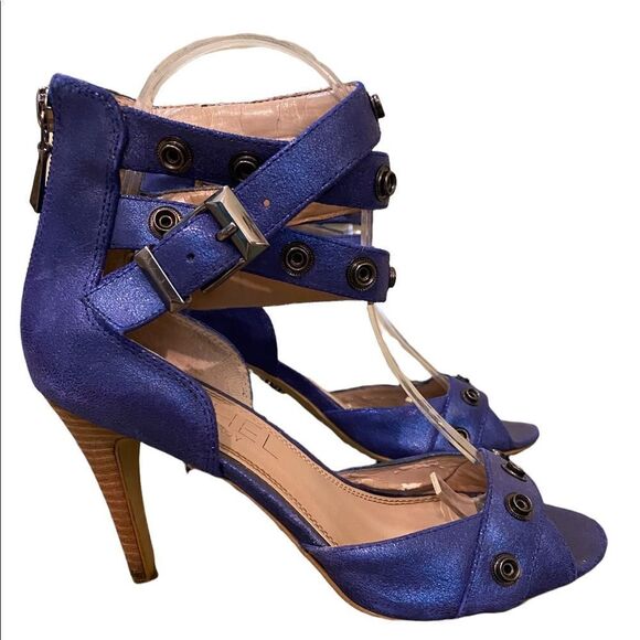 Rachel Roy Size 6 Paz Metallic Blue Leather Strappy Heels Retro Disco Rave - Picture 3 of 11